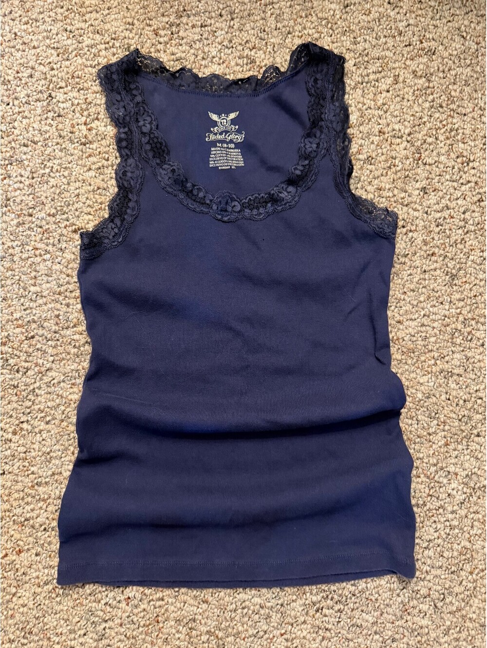 Faded Glory lace trim medium blue ribbed tank top